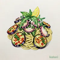 タコと茄子、ルッコラのジェノベーゼパスタ