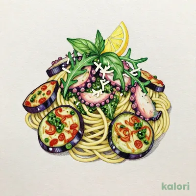 タコと茄子、ルッコラのジェノベーゼパスタ