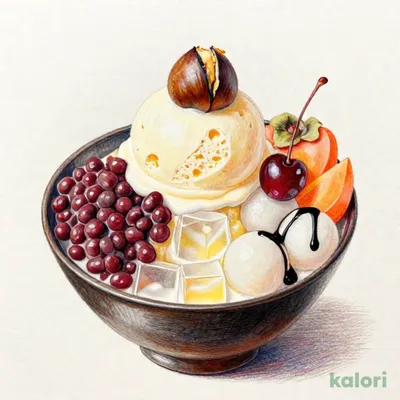 柿とモンブラン白玉クリームあんみつ（バニラアイス）