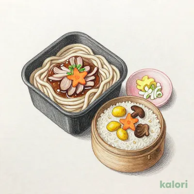 豚肉つけ汁うどんとほっこり栗ときのこのせいろ蒸し御飯