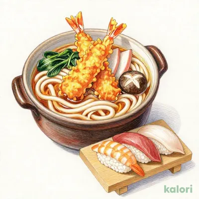 『大海老天民芸鍋焼きうどん』にぎり寿司3貫セット
