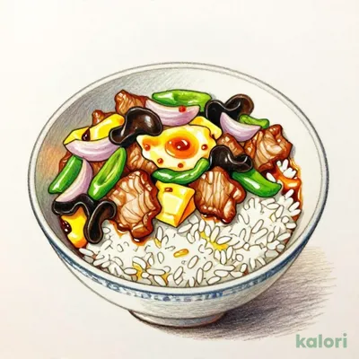 Pork and Egg Stir-Fry with Large Serving of Rice