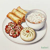 本日の肉料理 五目春巻・媽媽豚まん アンニン豆腐 ごはん・スープ付き
