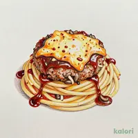 ハンバーグが乗ったデミチーズパスタ