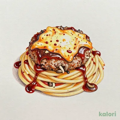 ハンバーグが乗ったデミチーズパスタ