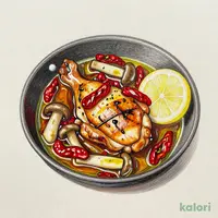 旬・グリルチキンときのこのレモンアヒージョ