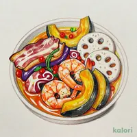 旬・小海老とパンチェッタの秋野菜ピリ辛トマトアヒージョ