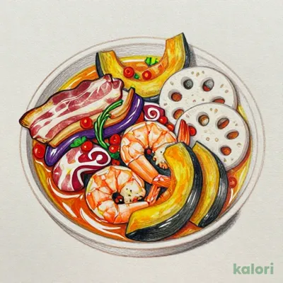 旬・小海老とパンチェッタの秋野菜ピリ辛トマトアヒージョ