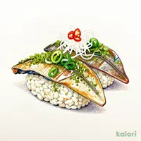 ひらめ昆布〆宇治抹茶仕立て 葱もみじ（1貫）