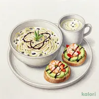たっぷり牡蠣のクリームスープパスタ 海老とアボカドのブルスケッタセット