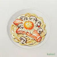 トリュフ香るサーモンときのこのクリーム月見パスタ