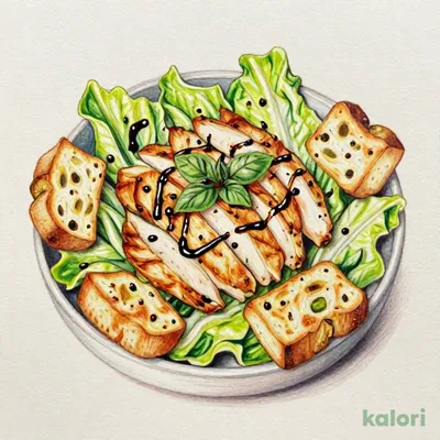 ロメインレタスとグリルドチキンのシーザーサラダ ガーリック薄焼きフォカッチャ風・自社製バジルソース