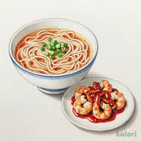 エビとイカのチリソースとらーめんのセット（旨辛とんこつ）