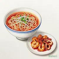 エビとイカのチリソースとらーめんのセット（旨辛みそ）