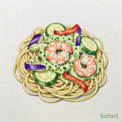エビと彩り野菜のバジルチーズクリーム