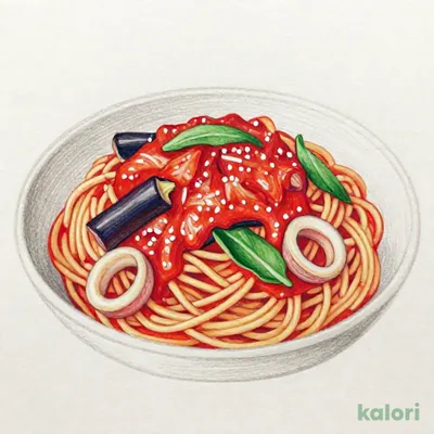 ナス・イカ・ほうれん草 スパゲッティ（トマトソース味）