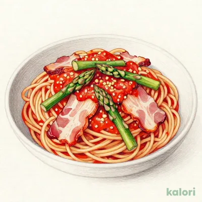 ベーコンとグリーンアスパラ スパゲッティ（辛いトマトソース味）