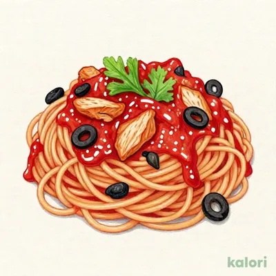 鶏肉と野菜のプッタネスカ スパゲッティ（辛いトマトソース味）