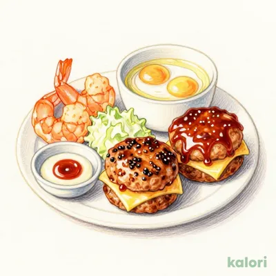 Wednesday Daily Lunch (Mini Cheese-In Hamburger with Teriyaki Sauce & Fried Shrimp)