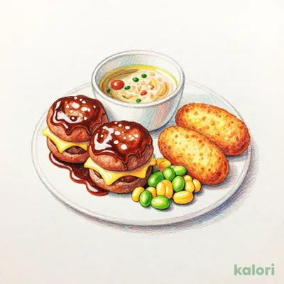Thursday Daily Lunch (Mini Cheese-In Hamburger with Demi-Glace Sauce & Vegetable Croquette & Sausage)
