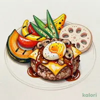 焼き野菜と月見チーズＩＮハンバーグ～きのこデミソース～