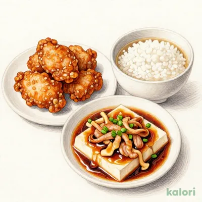 竜田揚げと辛味肉豆腐定食1,252