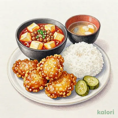 竜田揚げと辛味肉豆腐定食1,217