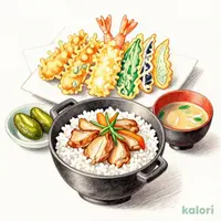 Chicken Kamameshi (Rice Bowl) and 7-Piece Tempura Set