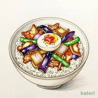Tsukimi Pork and Eggplant Rice Bowl