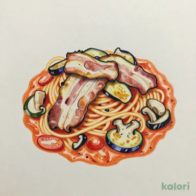 Smoked Bacon with Fried Eggplant and Mushroom in Tomato Cream