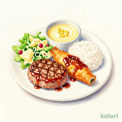 日替）木　ハンバーグてりやきソース＆あじフライ　ドリンクバーつき