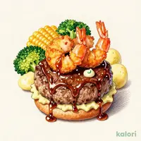 100% Angus Beef Steak Hamburger with Demi-Glace Sauce & Fried Shrimp