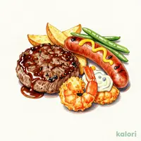 Salisbury Steak, Frank Sausage, and Fried Shrimp