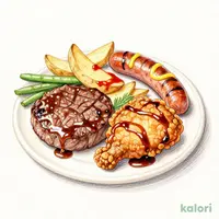 Hamburg Steak, Frank Sausage, and Fried Chicken with Sweet and Spicy Sauce