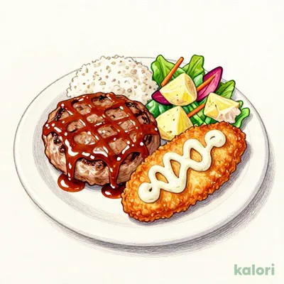日替）水　ハンバーグてりやきソース＆白身魚フライ