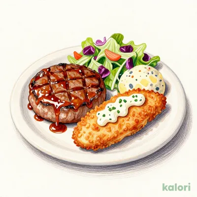 日替）水　ハンバーグてりやきソース＆白身魚フライ　ドリンクバーつき