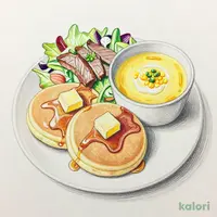 背徳のけずりバターパンケーキ+ローストビーフサラダ+北海道産とうもろこしのポタージュ