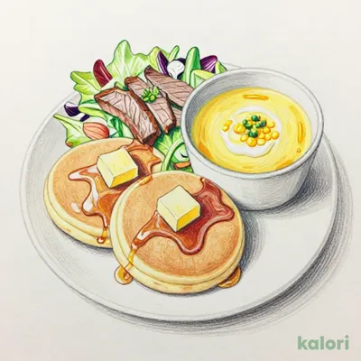 背徳のけずりバターパンケーキ+ローストビーフサラダ+北海道産とうもろこしのポタージュ