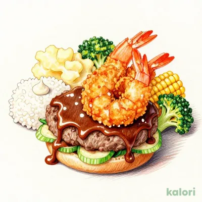 アンガスビーフ100％ステーキハンバーグデミグラスソース＆海老フライランチ