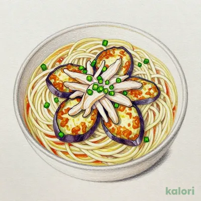 揚げなすと蒸し鶏の和風オニオンスープパスタ