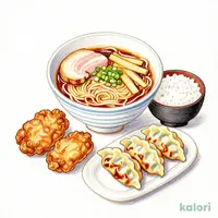 Soy Sauce Ramen with Pork Fat, Rice, Fried Chicken, and Gyoza Set