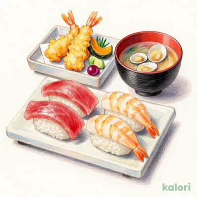 あさり味噌汁と寿司 天ぷら定食