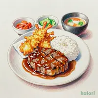 Simmered Hamburg Steak and Tempura Set Meal