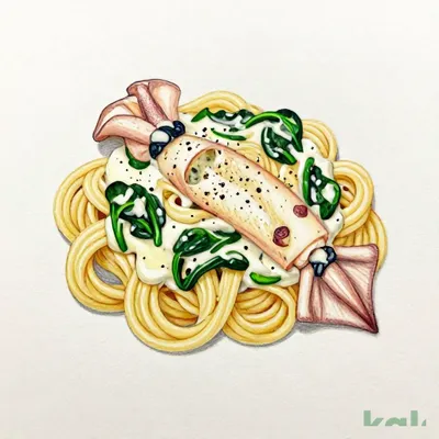 Squid and Spinach with Cream Sauce