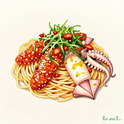 Large Popping Cod Roe Squid and Octopus Peperoncino