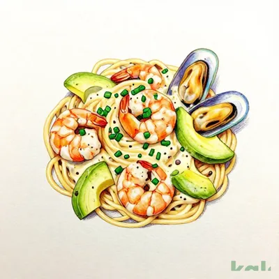 ぷりぷり海老とアボカド、ムール貝のイセエビソースパスタ