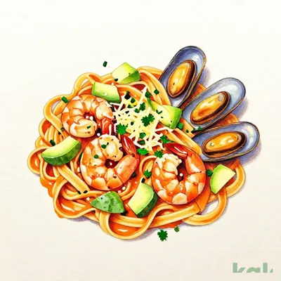 57 (Fettuccine) Plump Shrimp, Avocado, and Mussels with Lobster Sauce Pasta