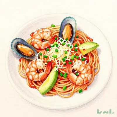 【大盛】ぷりぷり海老とアボカド、ムール貝のイセエビソースパスタ