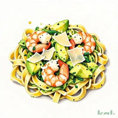 87 (Fettuccine) Large Plump Shrimp and Avocado Genovese with Pecorino