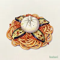Fettuccine with Burrata Cheese and Roasted Eggplant Meat Sauce